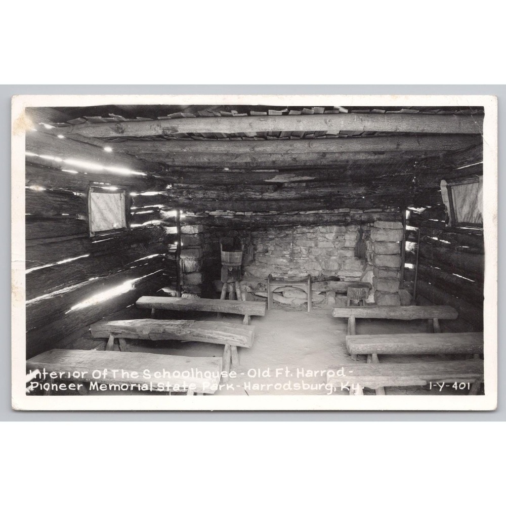 Vintage Harrodsburg KY Postcard Real Photo Old Fort Schoolhouse Pioneer Memorial
